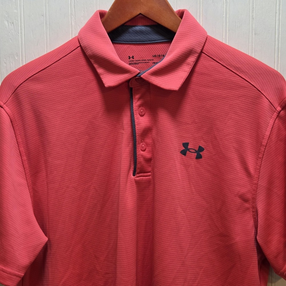 Under Armour HeatGear Polo Shirt Mens L Pink Stripe Golf Performance‎ Top
